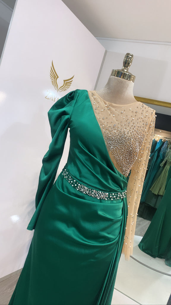 Elegant green dress decorated satin