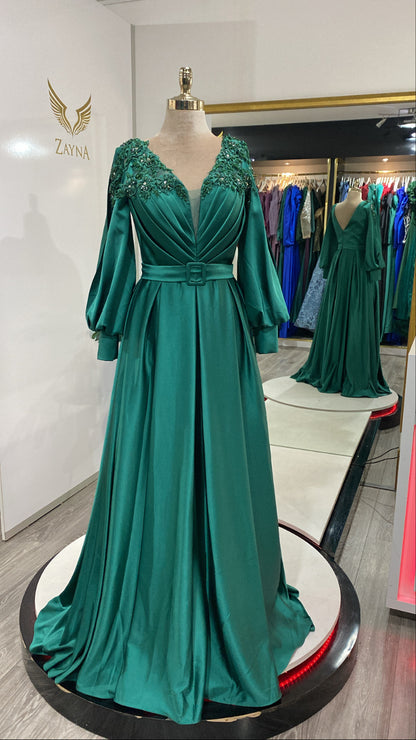 In green color with flowers and beads elegant dress