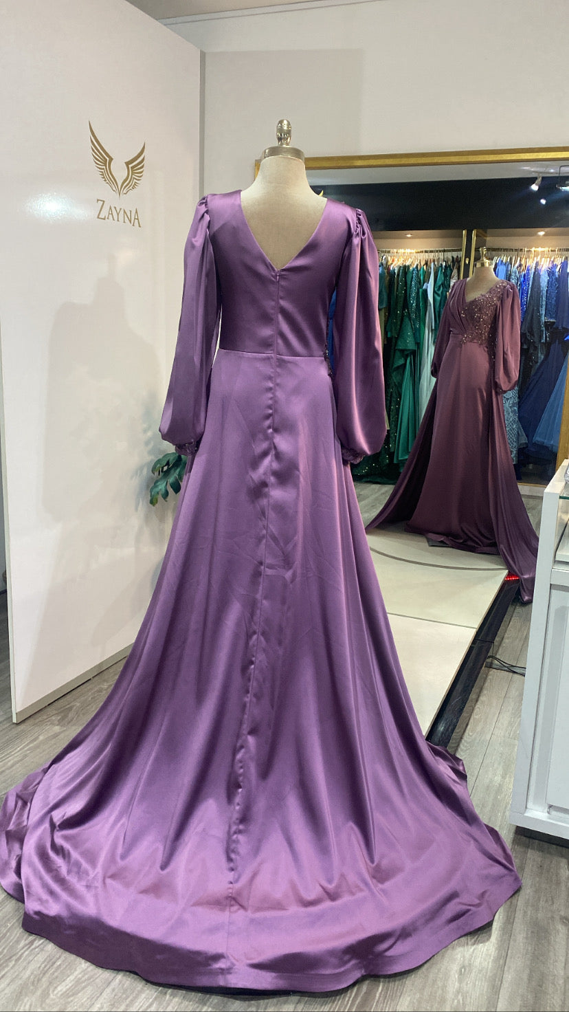 Elegant purple dress with train decorated with beads