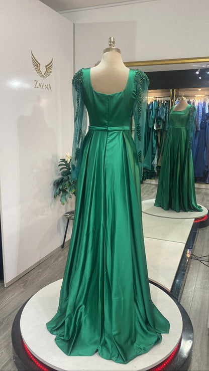 Elegant green dress satin. decorated sleeves with beads