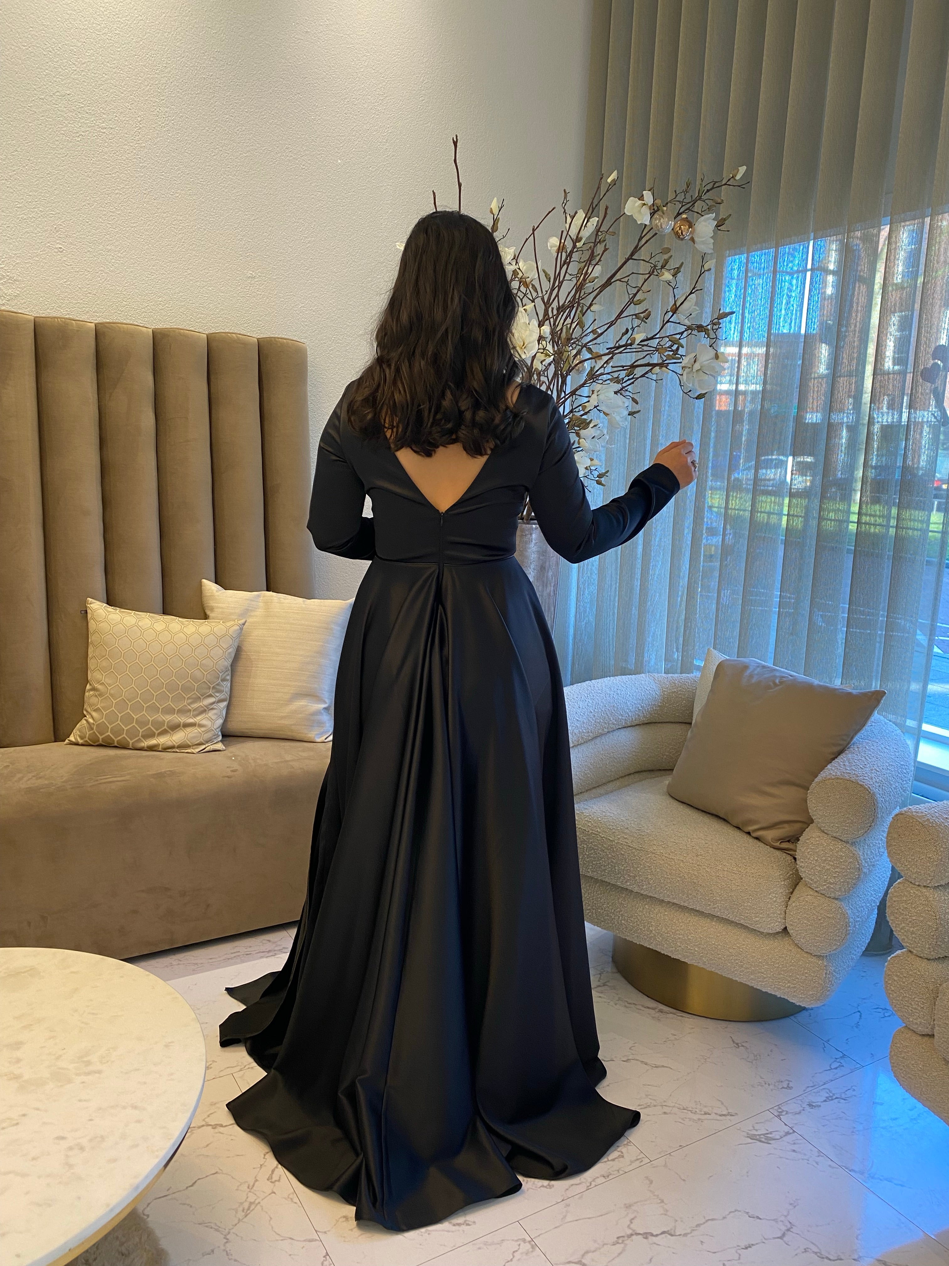 Black satin outlet gown dress