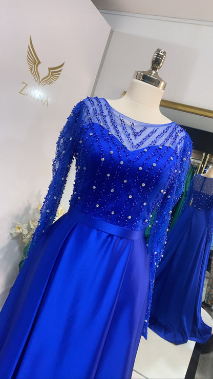 Elegant blue dress decorated with beads satin