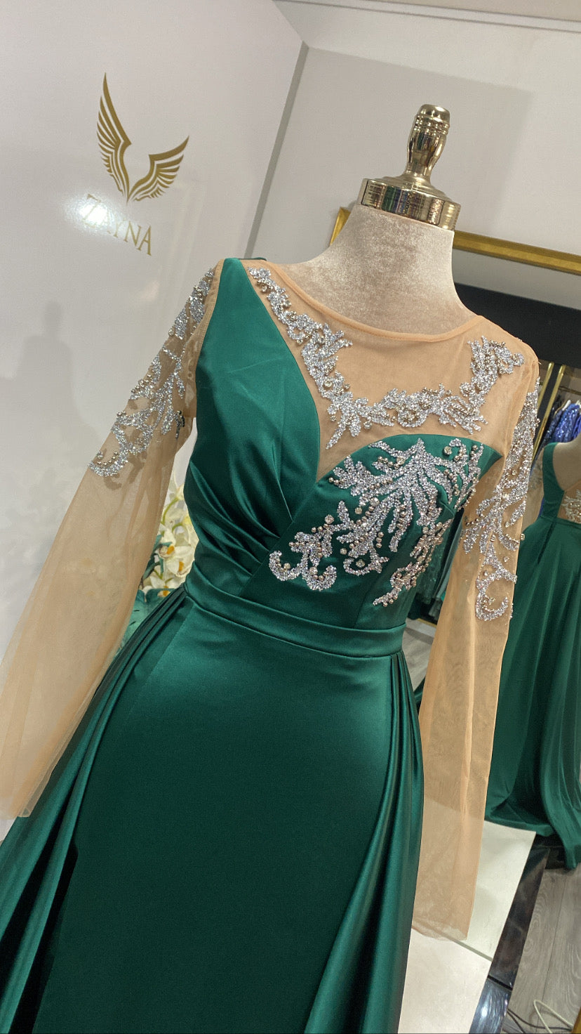 Elegant green dress decorated front back and sleeves and long veil