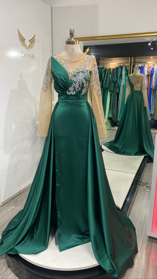 Elegant green dress decorated front back and sleeves and long veil