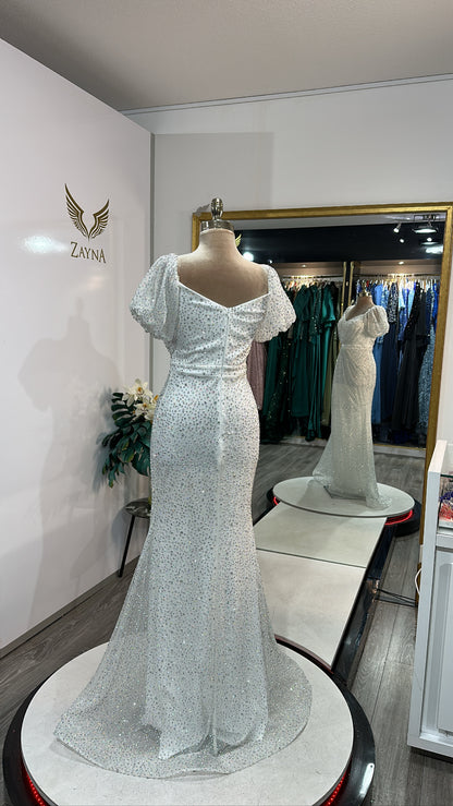 Elegant white dress with glitter, beads