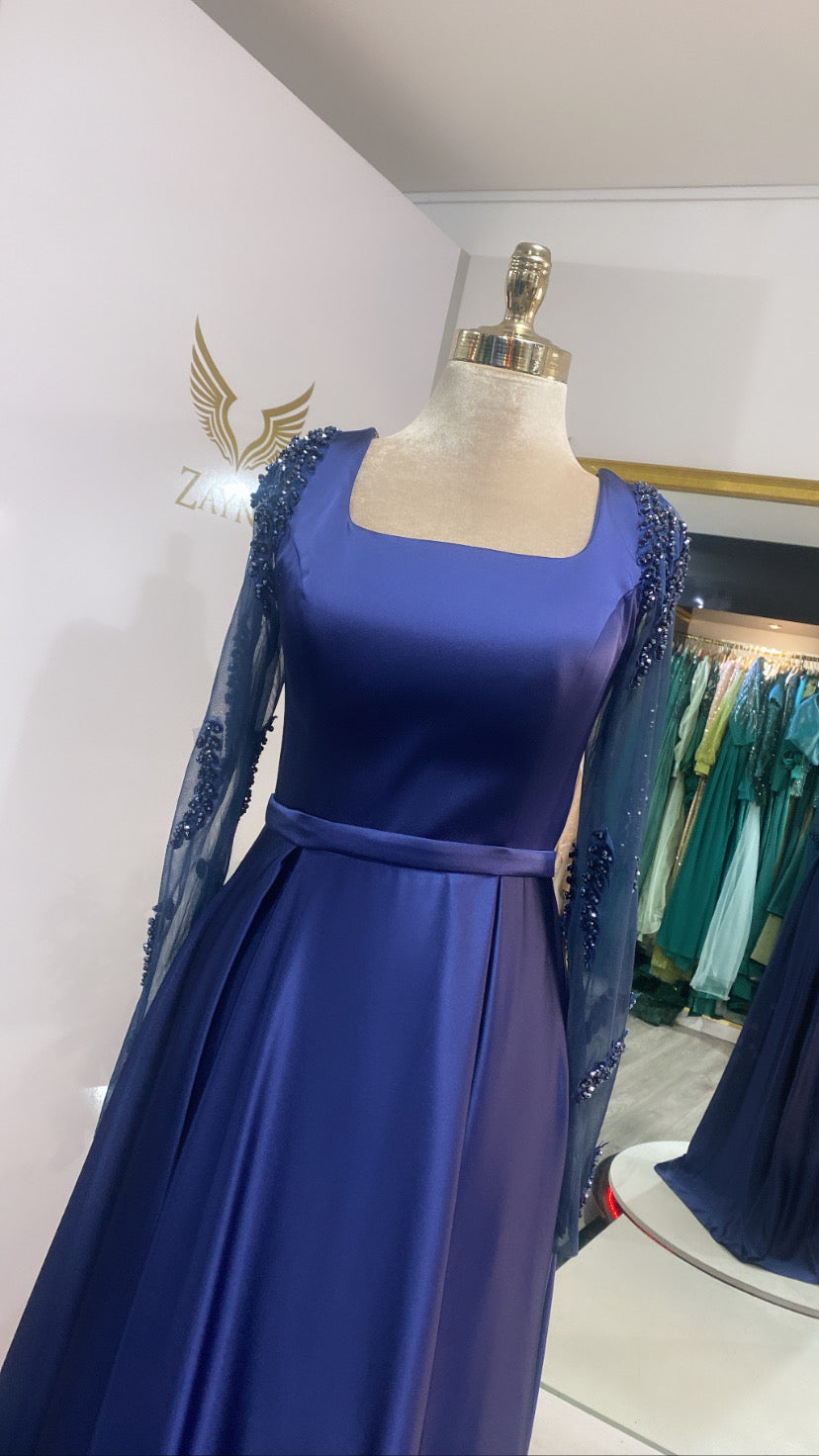 Elegant blue dress satin, decorated with beads