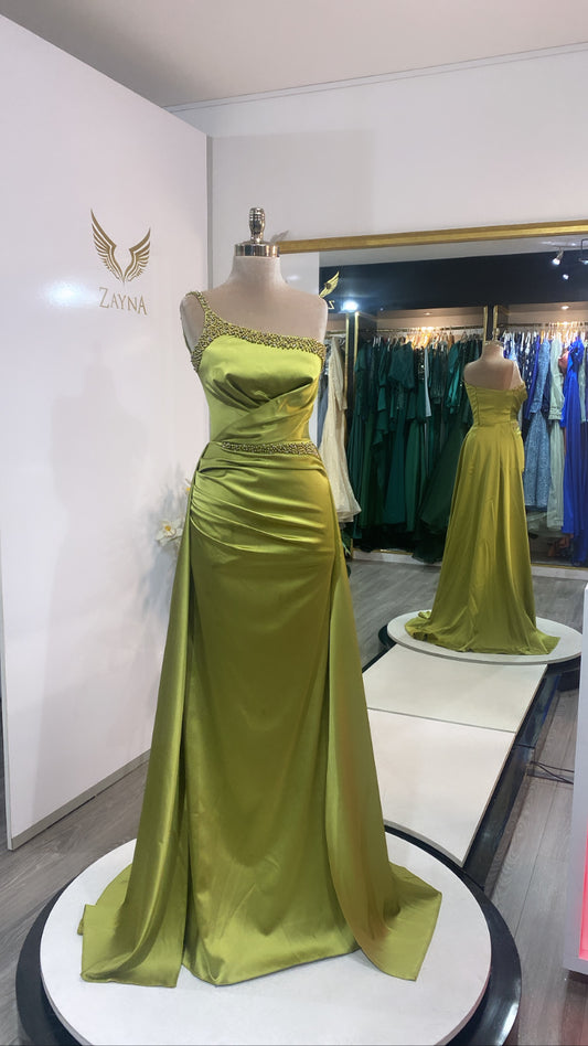 Elegant oil green dress crafted