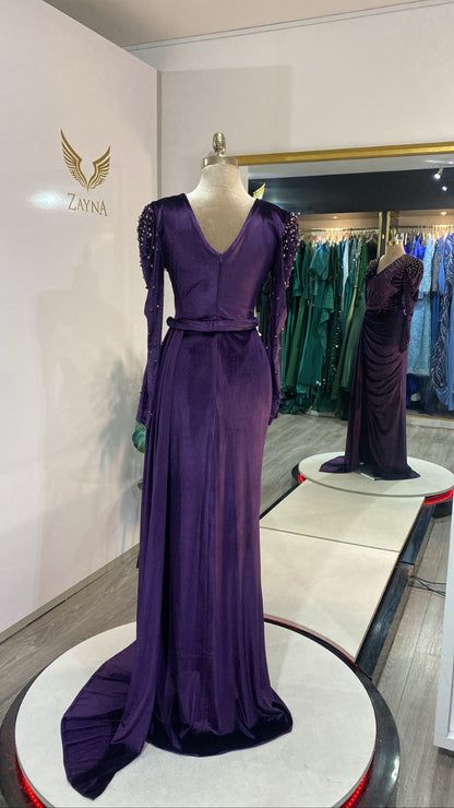 Elegant purple dress velvet fabric decorated