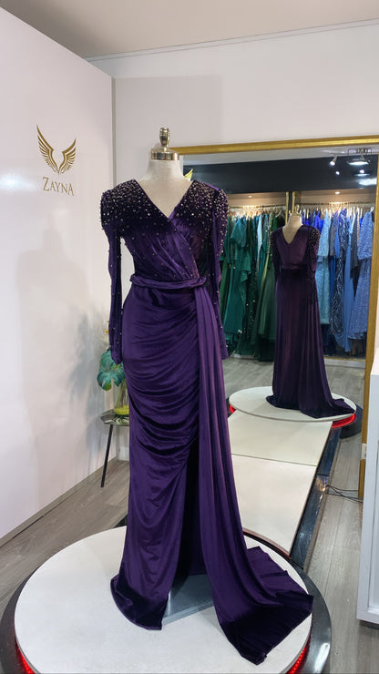 Elegant purple dress velvet fabric decorated