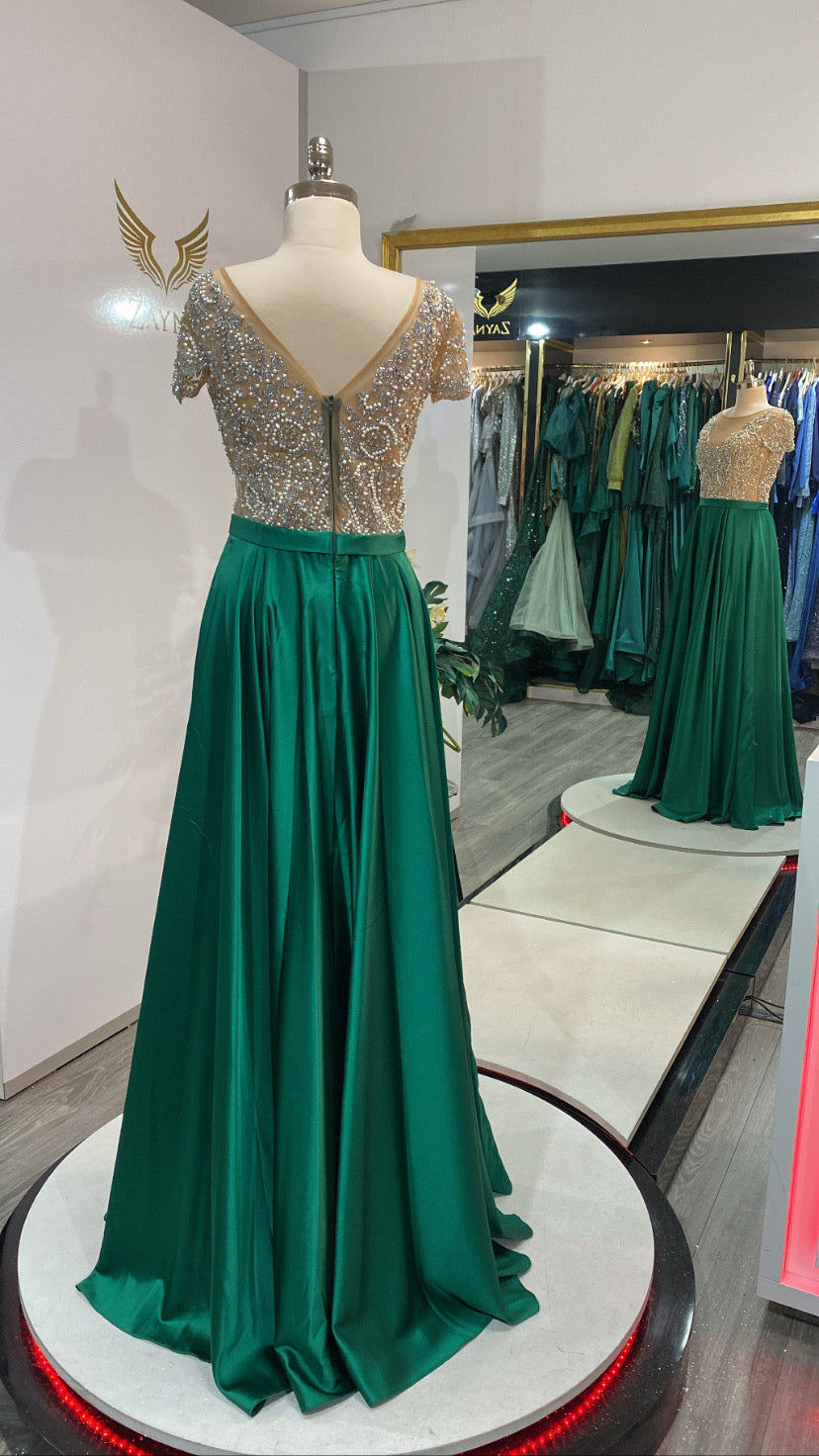 Elegant green dress A line decorated beads