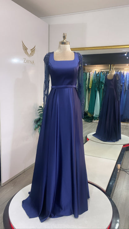Elegant blue dress satin, decorated with beads