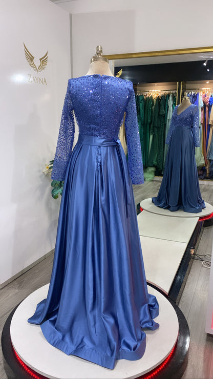Elegant blue dress with sequins, shiny, satin