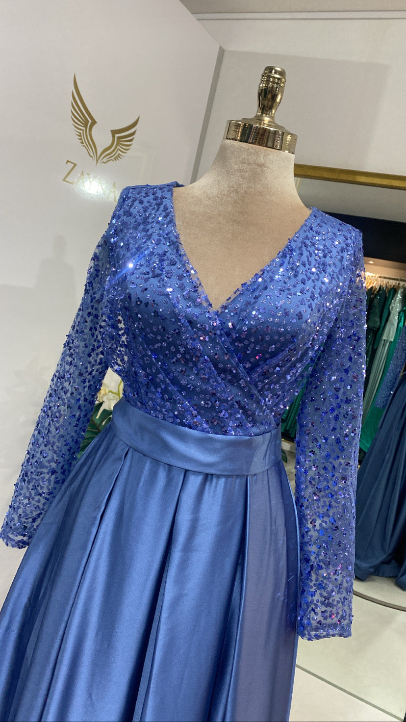 Elegant blue dress with sequins, shiny, satin