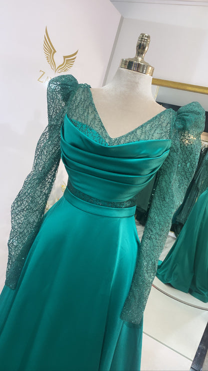 Elegant green dress tulle, satin, design