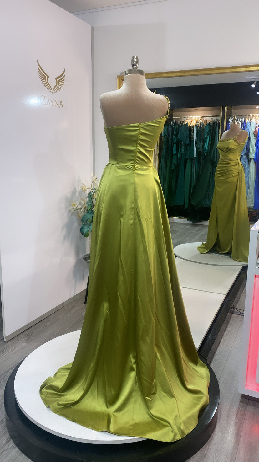Elegant oil green dress crafted