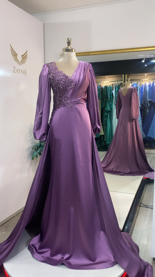 Elegant purple dress with train decorated with beads