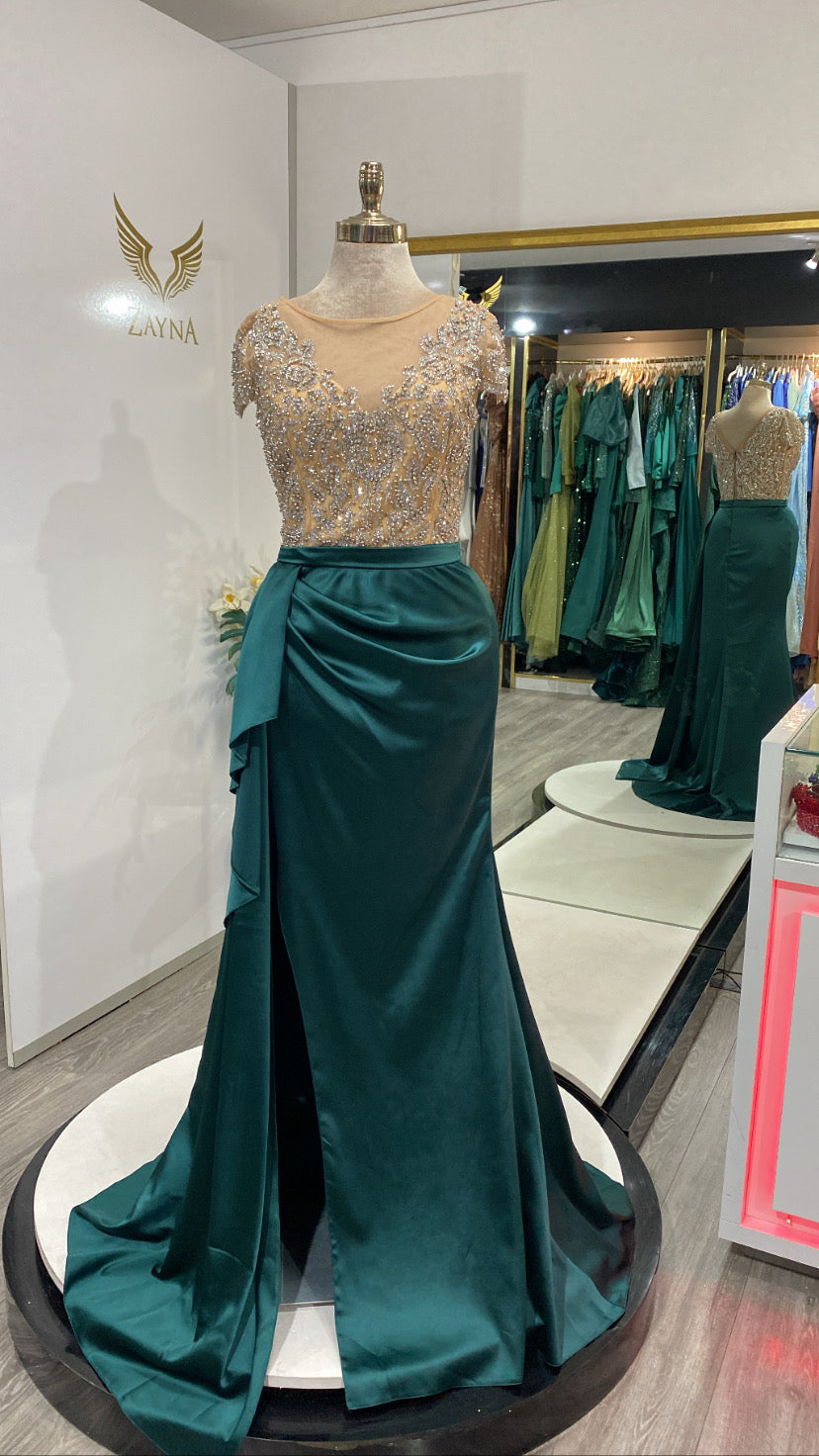 Elegant with pearls satin green dress