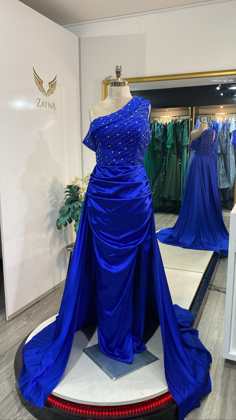Elegant blue dress decorated with beaded satin
